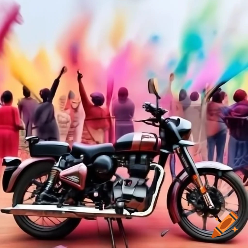 Royal Enfield bike in festive Holi scene with people throwing colors
