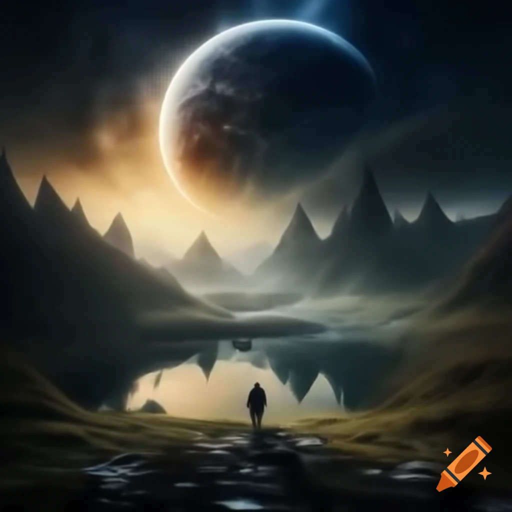 Lonely hero confronting evils against dark background with sunset, blending nature and magic