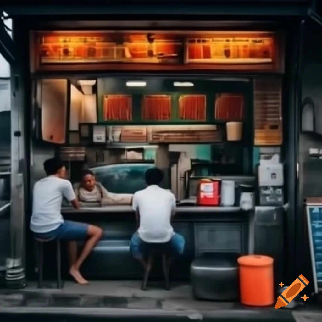 Man sitting at pho shop, backside view