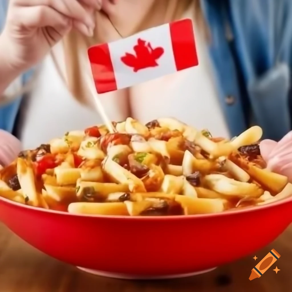 Delicious Canadian poutine with Canada flag served to people