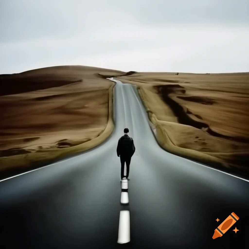 Man walking on winding road towards light, representing life's journey