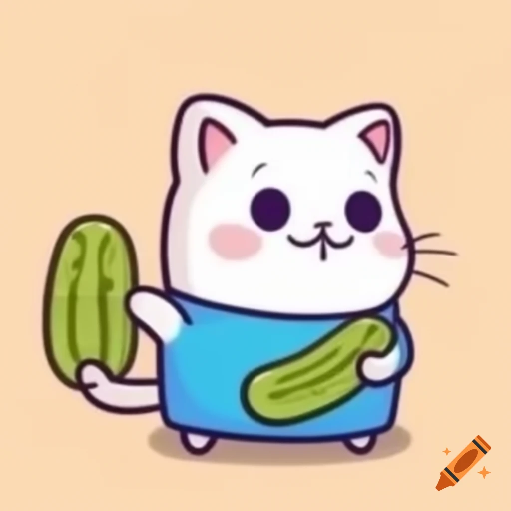 Comic style cat interacting with a pickle