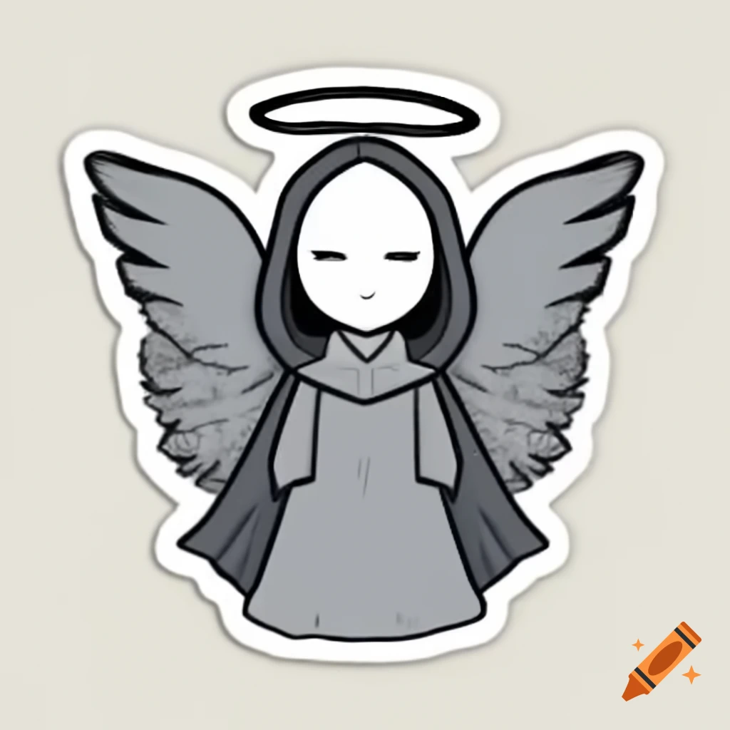 Anthuman angel in grey robes with wings and halo, simple style for sticker use