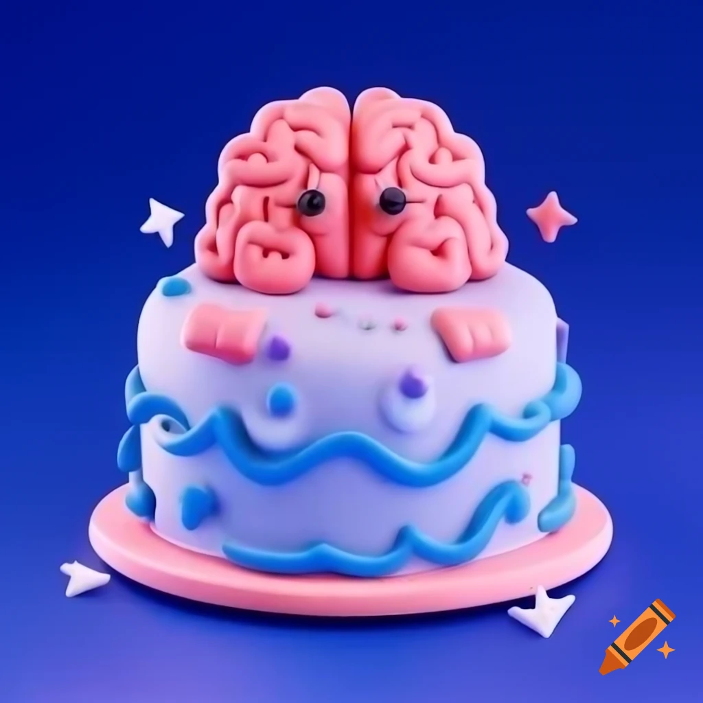 Cartoon-style cake decorated with whimsical brain illustration on Craiyon