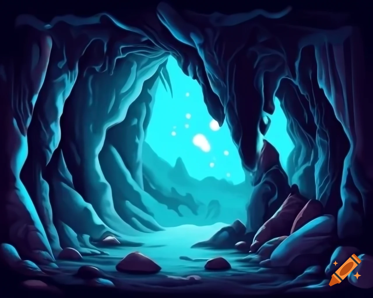Cavernous expanse of Wave Echo Cave with gleaming ore veins and ambient purple magic glow