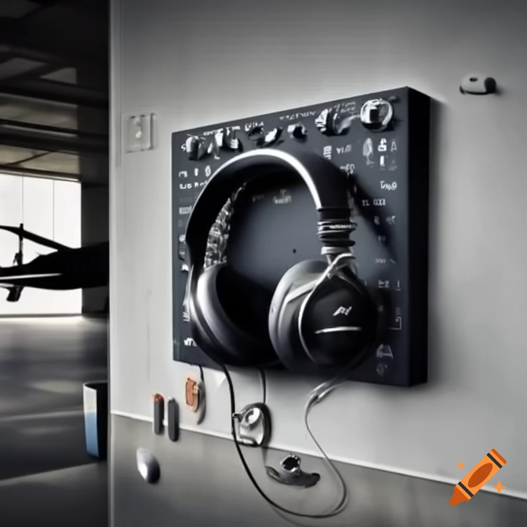 Aviation-themed display with headphones, control panel, tools, and aircraft seat