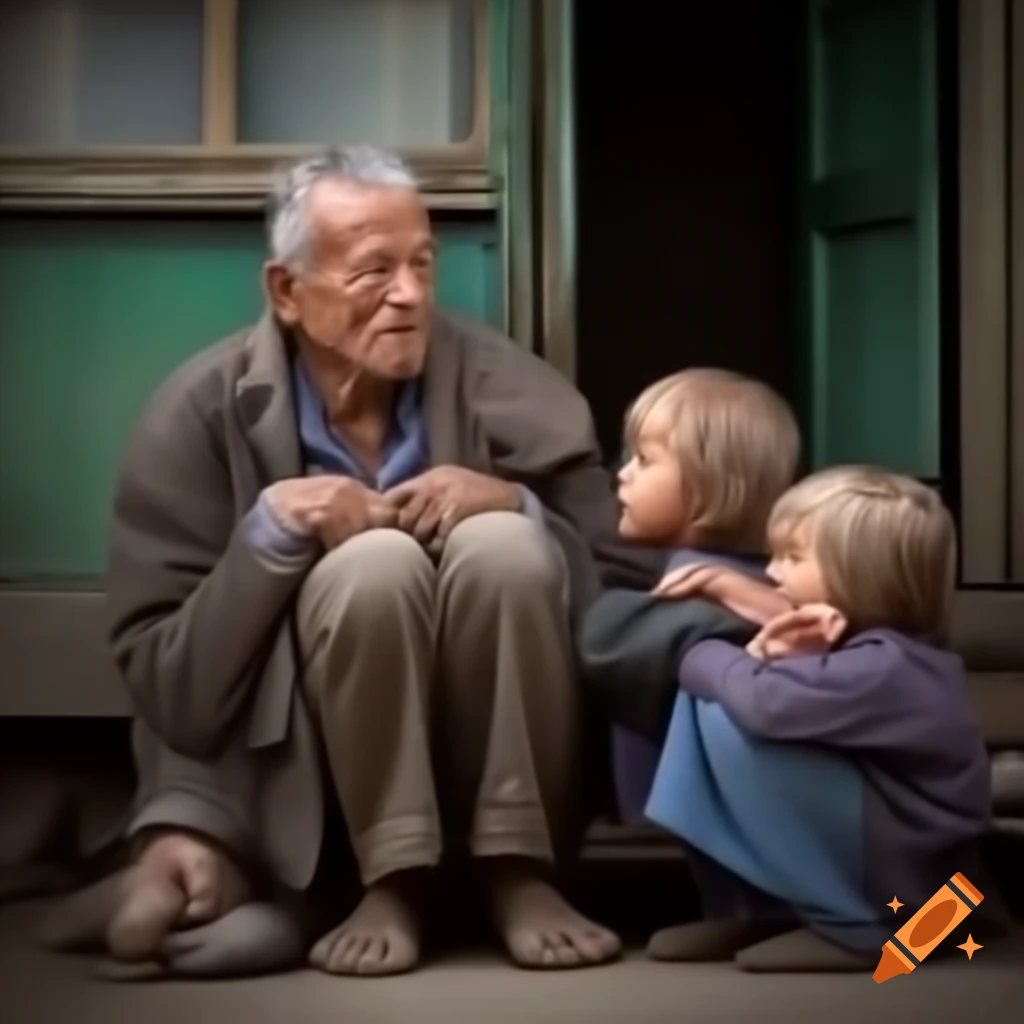 Old man narrating a story to his twin children who are asleep
