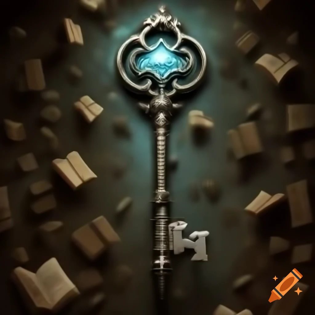 Ancient magical key floating with blue glow and intricate symbols on ...