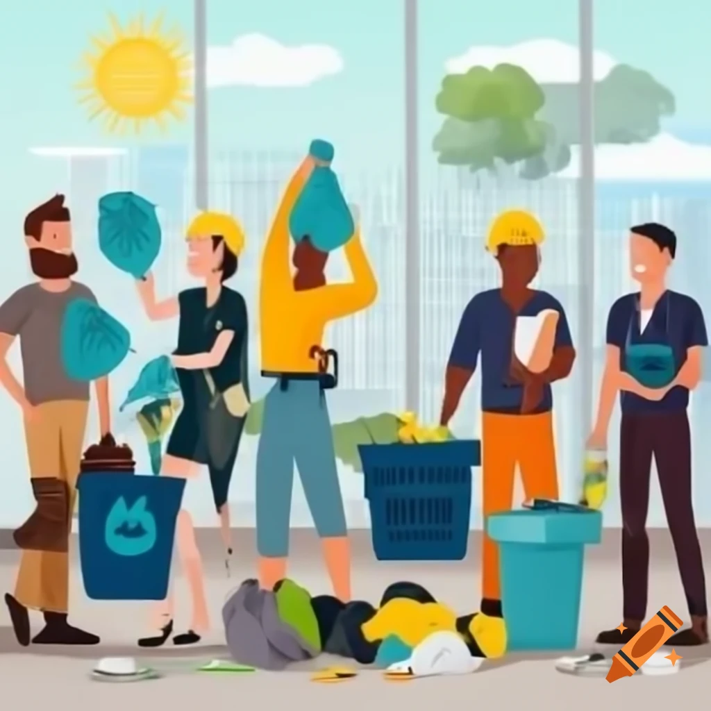 Diverse office workers in business casual collecting trash during team-building activity