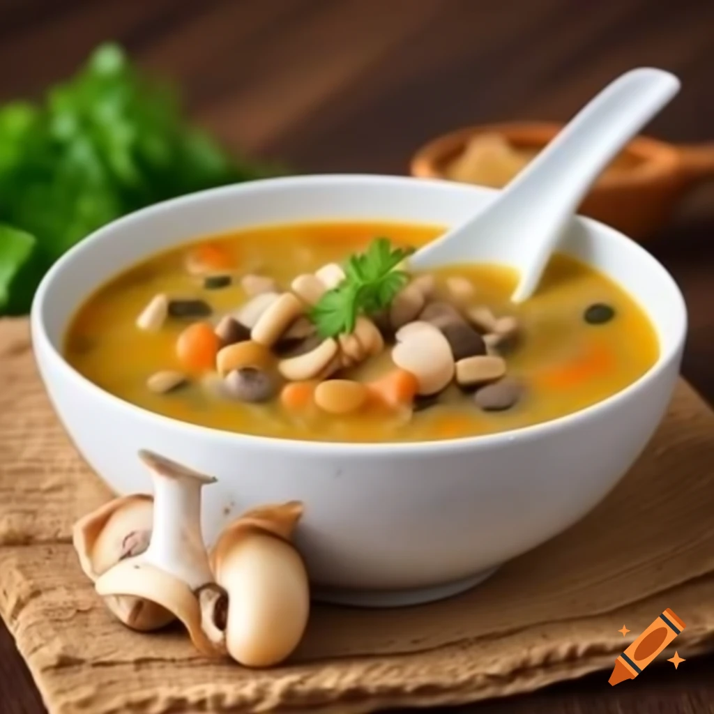 Herbed barley and mushroom soup with light background