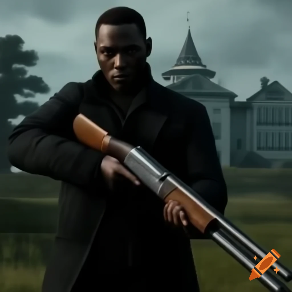 Determined man with shotgun in dark woods with distant mansion