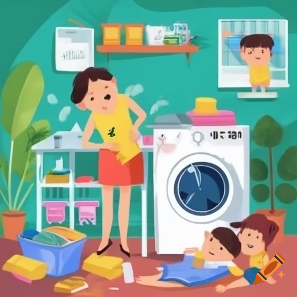 Housewife using laundry machine and fixing TV while caring for children