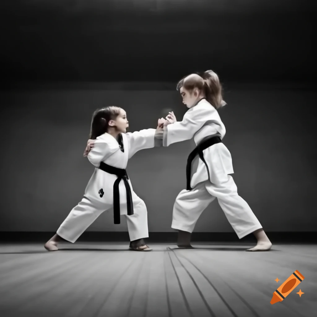 Two children practicing karate against a black background