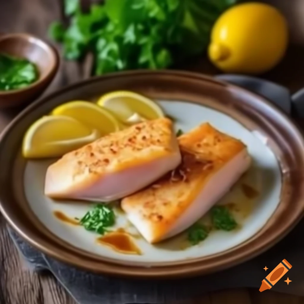 Dijon-crusted fish fillet with crispy topping and lemon wedges on rustic plate