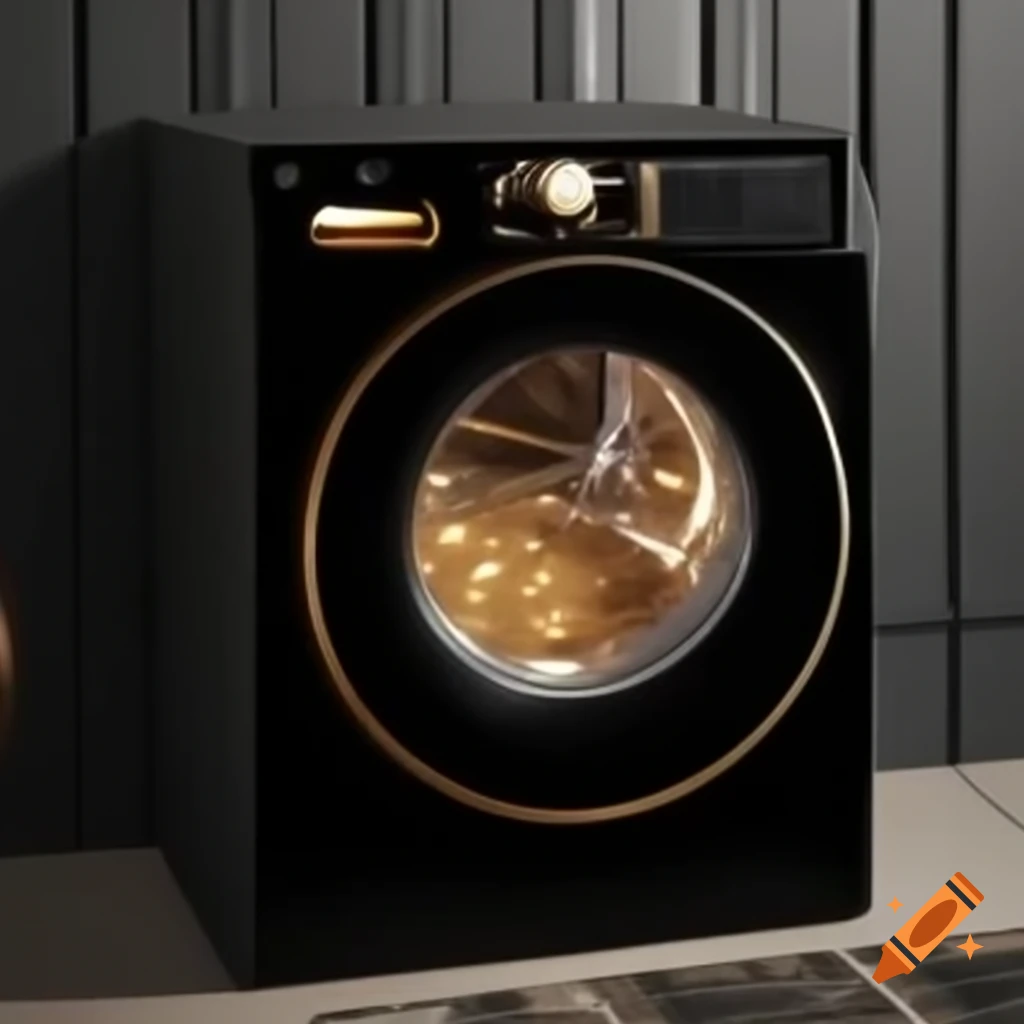 Black washing machine with gold accents and LED lights