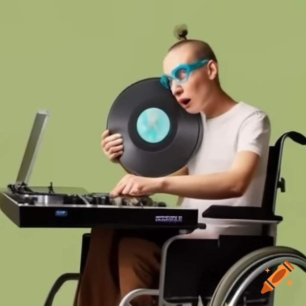 Person with disabilities mixing on vinyl turntables in a wheelchair