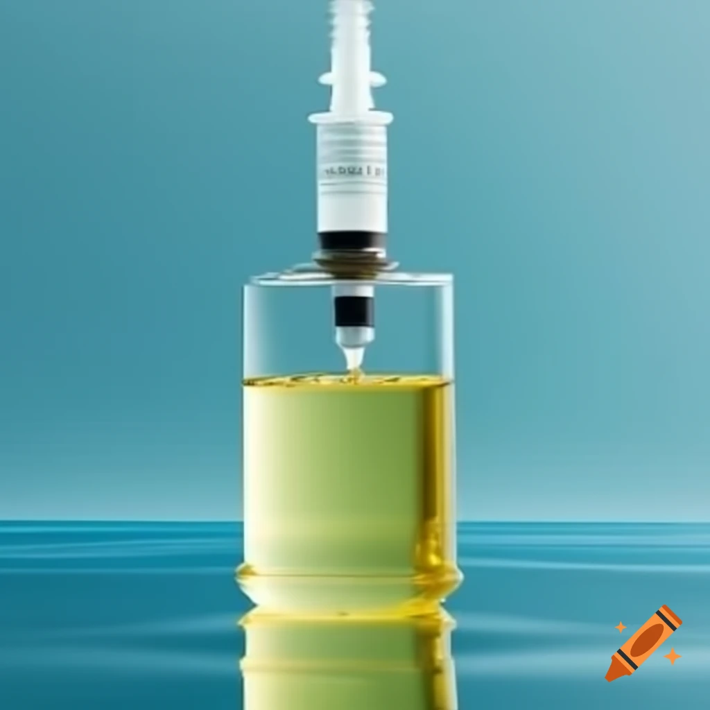 Syringe separating oil from water in a container, with oil on top