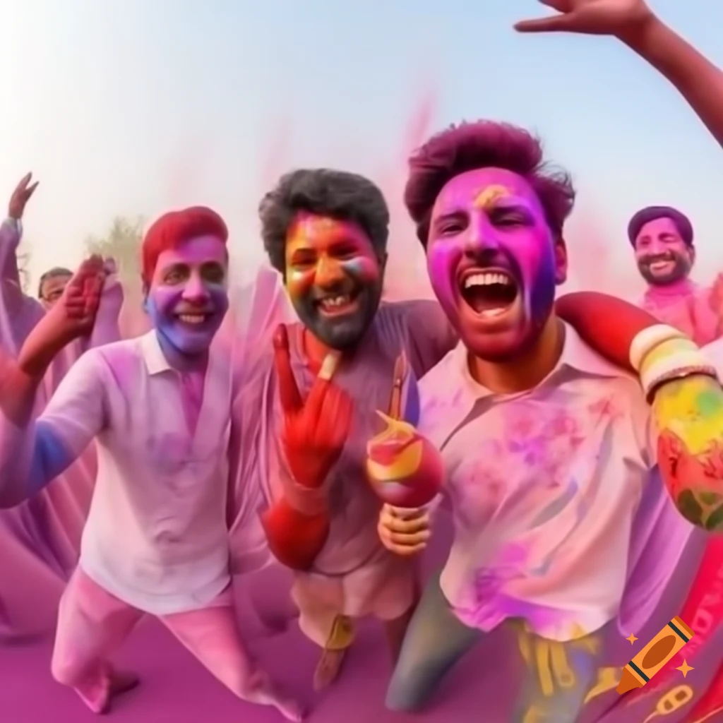 Friends celebrating Holi with colorful paint splatters on their shirts