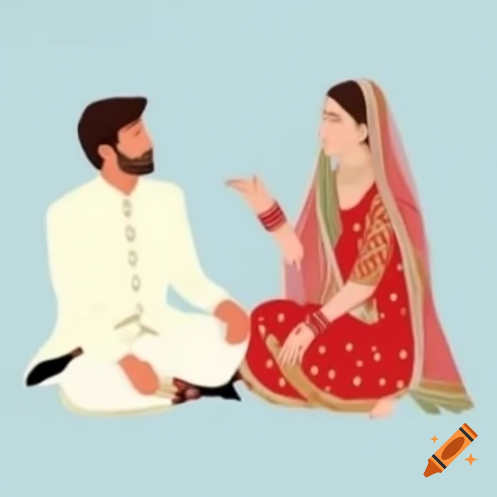 Simple illustration of Pakistani wedding couple in traditional attire for invitation