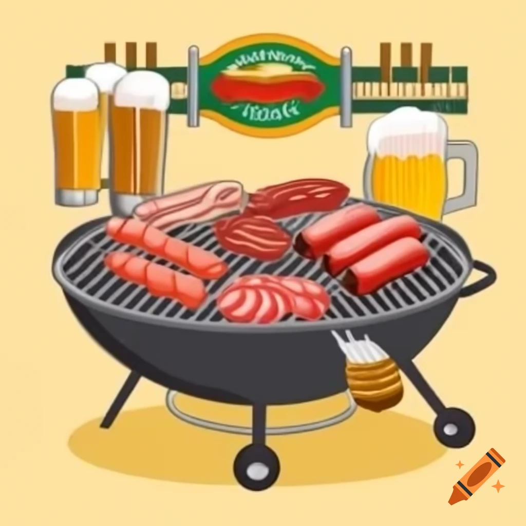 Illustration of BBQ grill with smoked meats and beers outside a pub