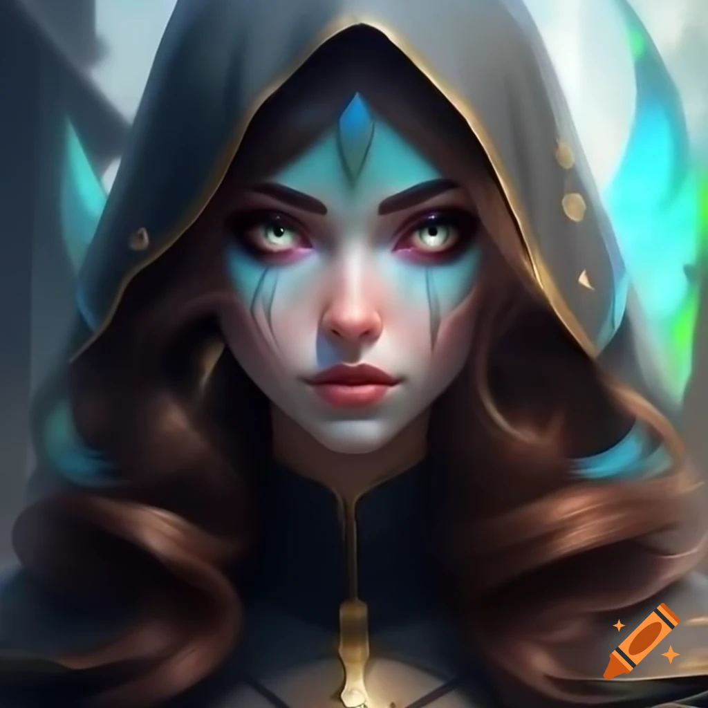Woman with wavy brown hair and iridescent eyes in black cloak with gold ...