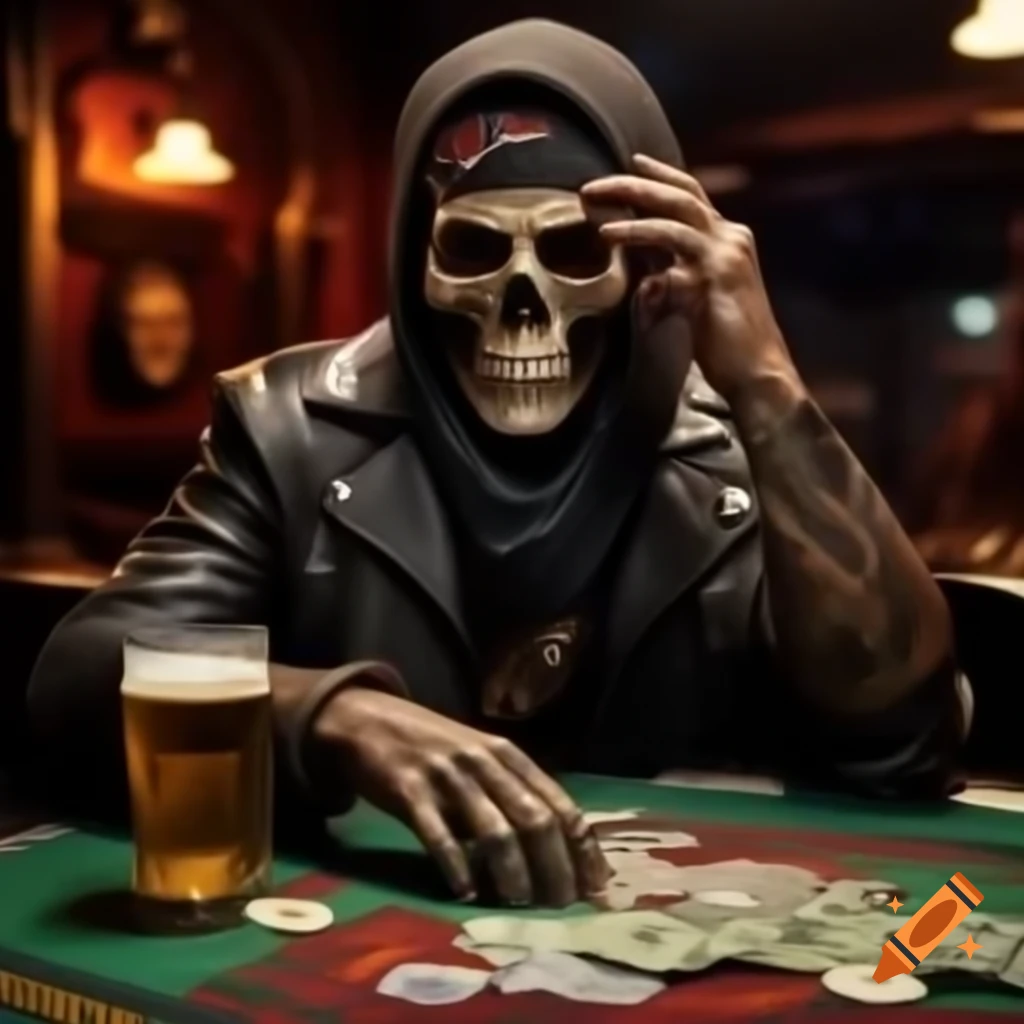 Biker bar scene with gambling, cash, and skull decoration