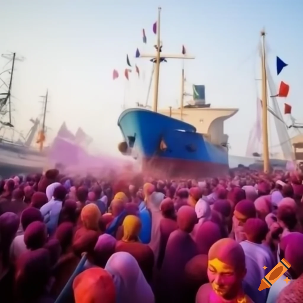 Colorful Holi celebration at a ship and seaport