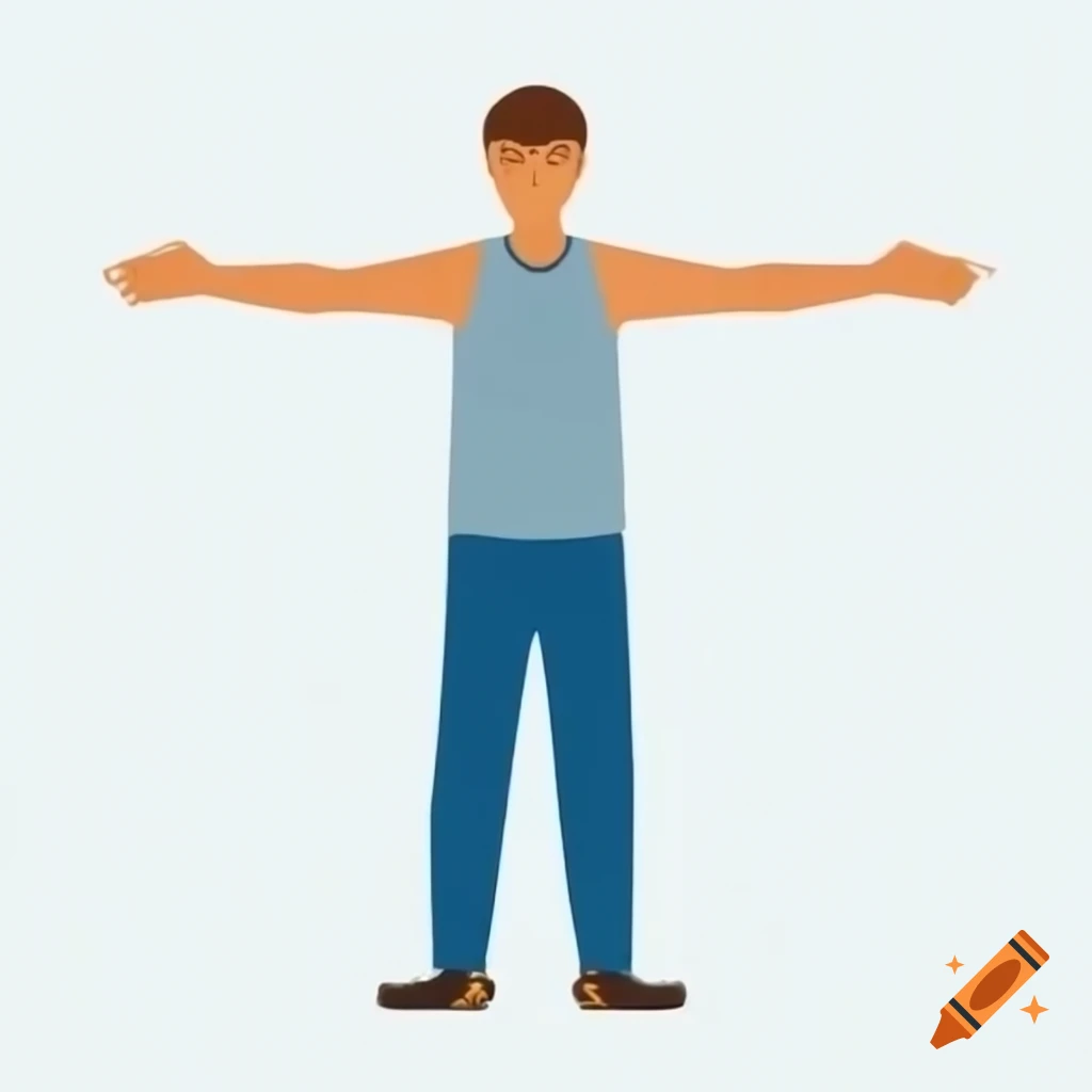 Person in casual shirt and jeans with arms extended sideways