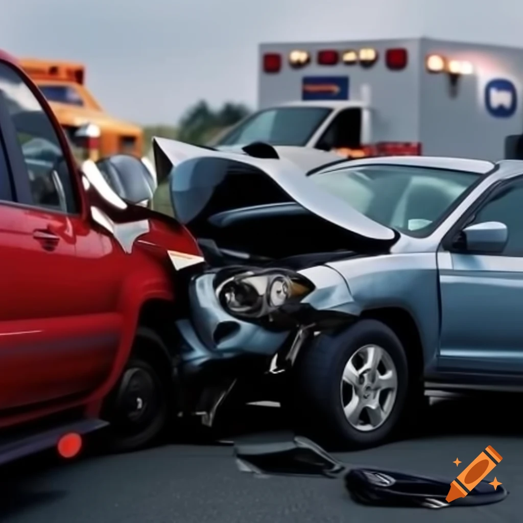 Head-on collision between red Subaru and grayish blue Toyota Highlander with ambulance in background