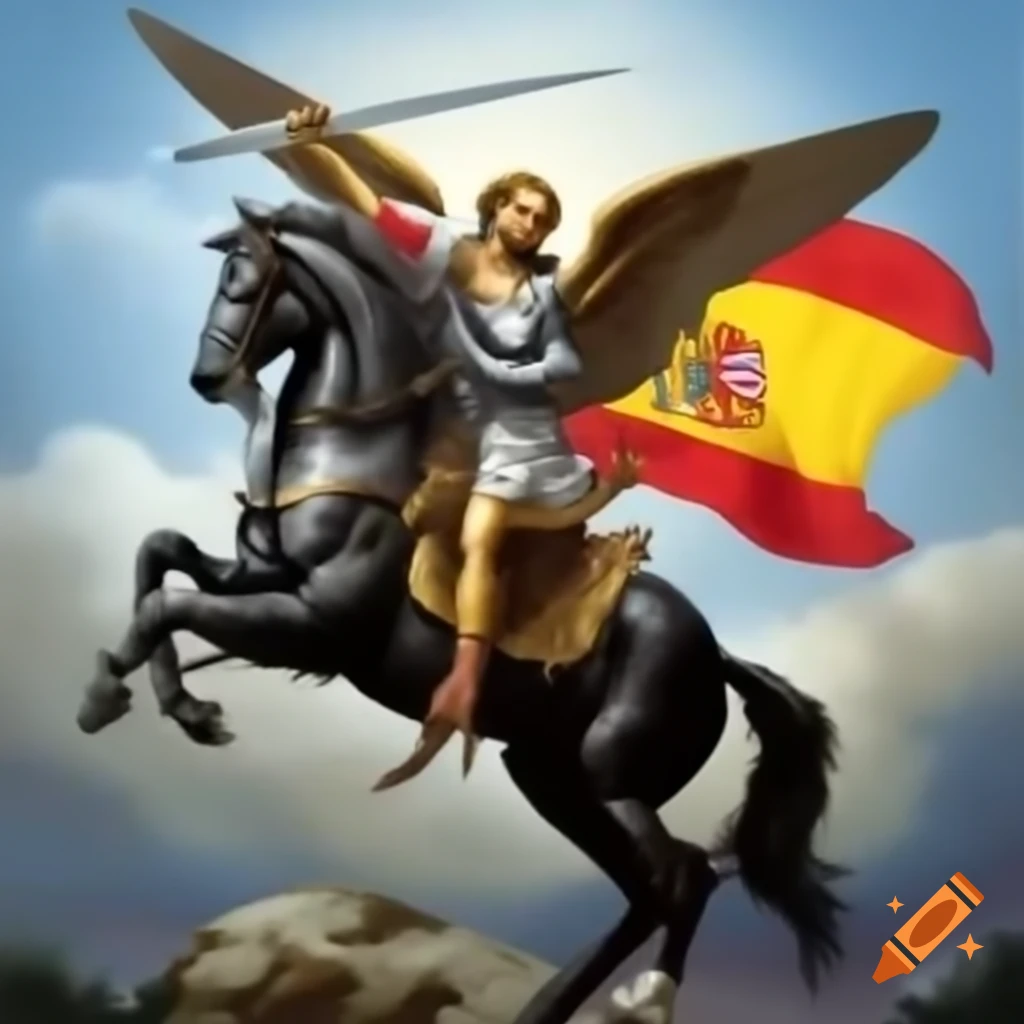 St. Michael the Archangel with sword riding a black horse alongside Spanish flag