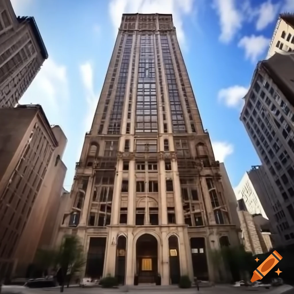 Empire-style building in modern city among skyscrapers showcasing architecture contrast