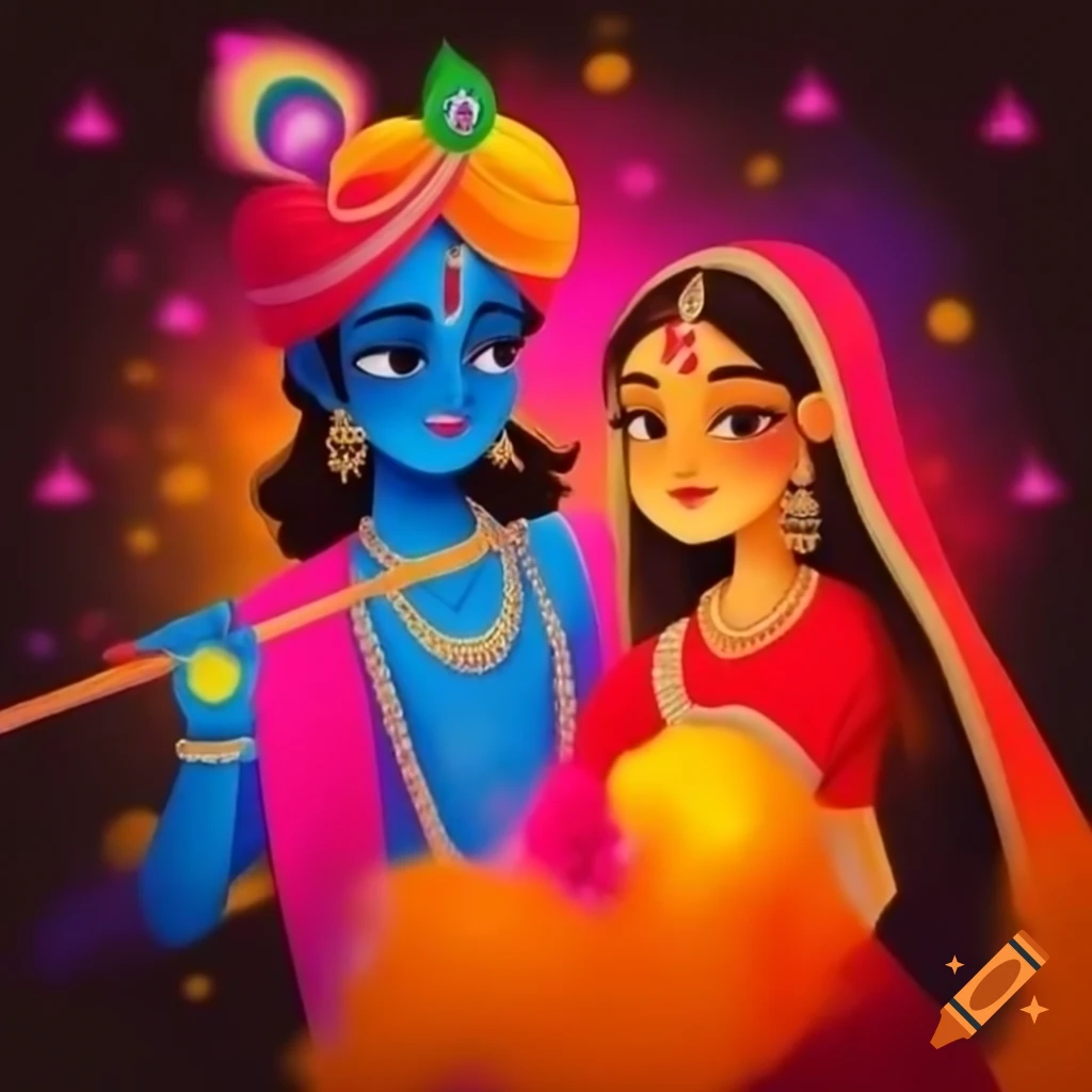 Radha and Krishna celebrating Holi festival with color powders