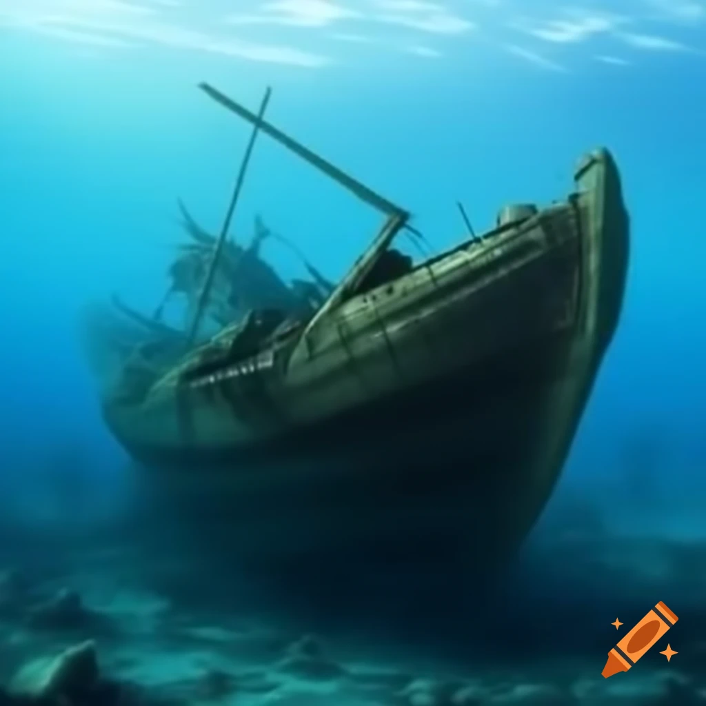 Sunken ancient shipwreck on seafloor