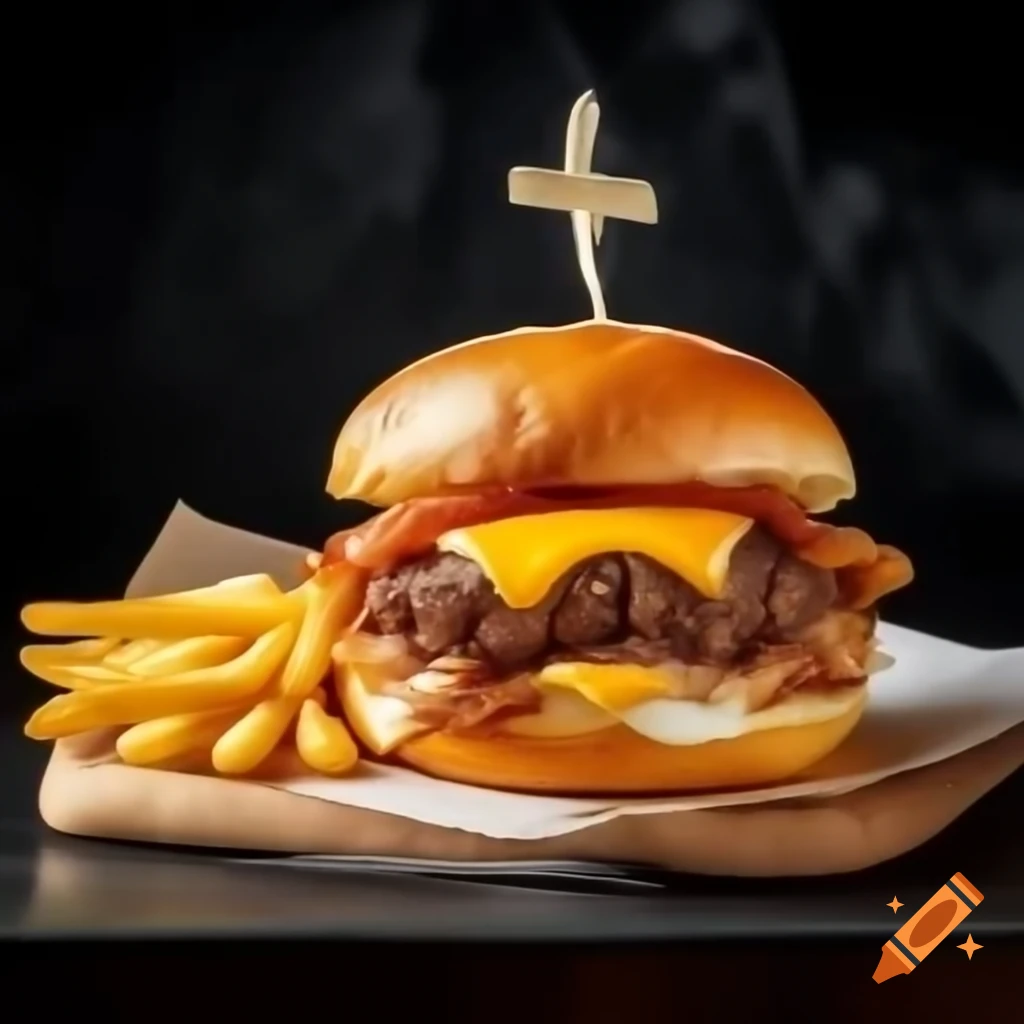 Beef burger with cheddar cheese and bacon on brioche bun, served with golden French fries