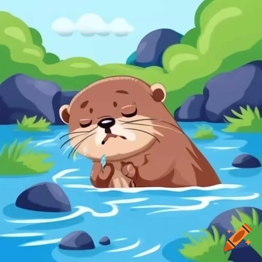 Sad otter in rainy river setting