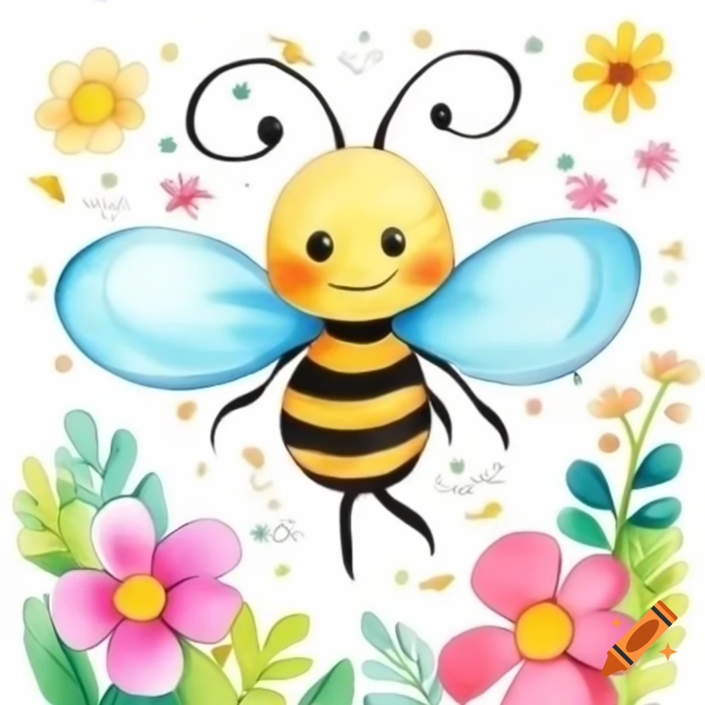 Happy bee flying between flowers, children's coloring book illustration
