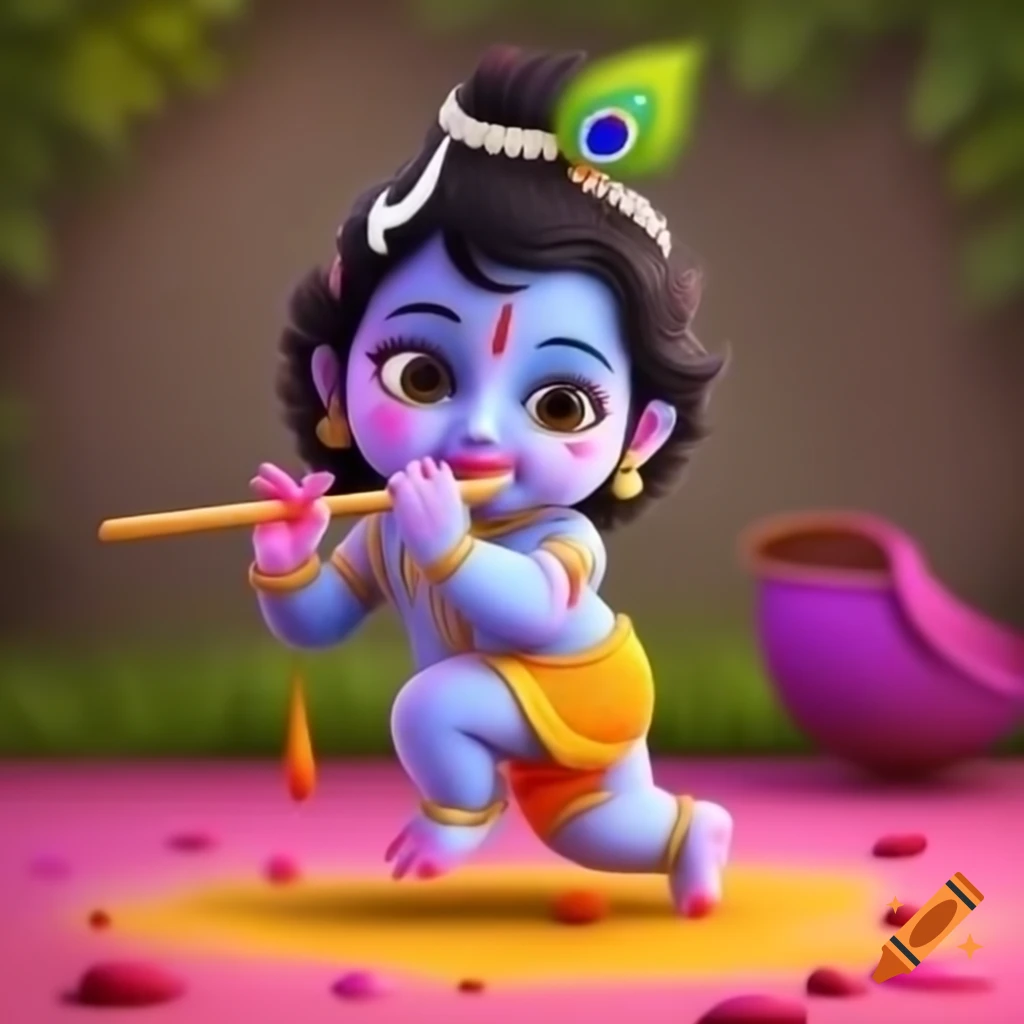 Animated scene of a playful child Lord Krishna celebrating Holi with flute and festive colors