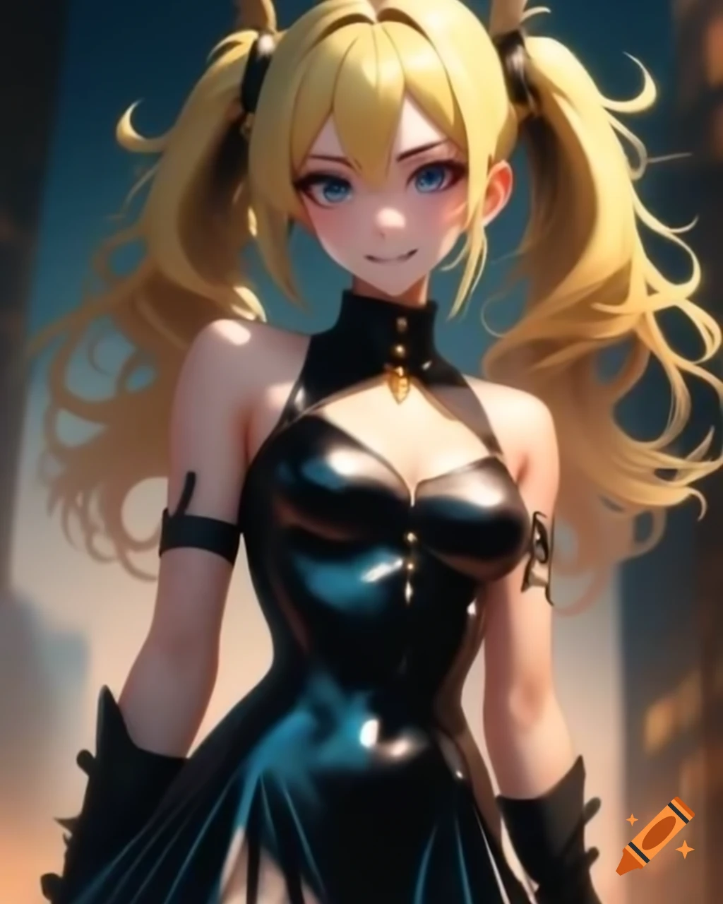Anime girl with sharp teeth grin, blonde ponytail, black dress, punk ...