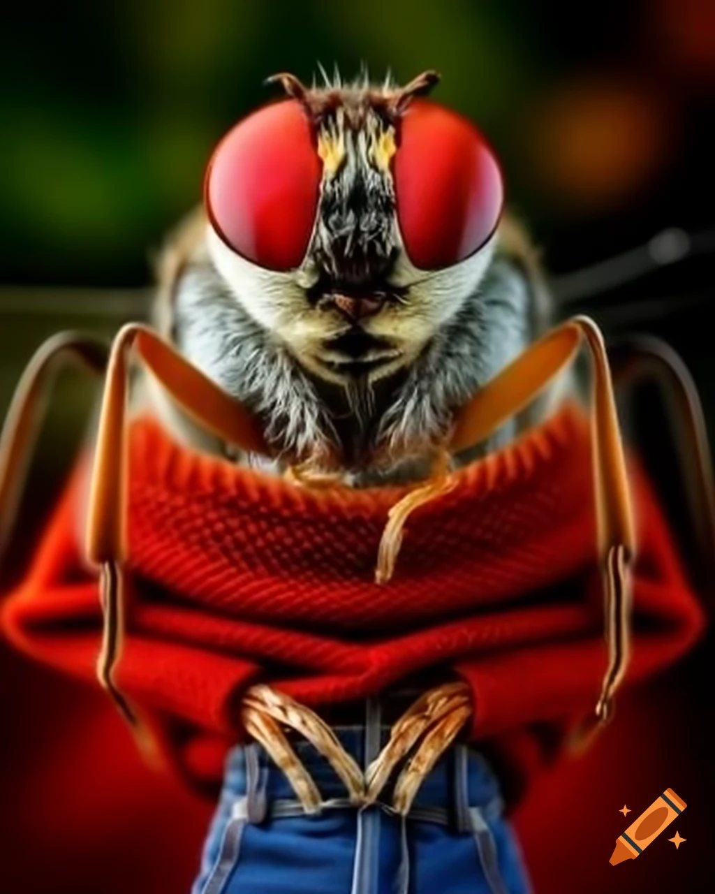 Anthropomorphized fly in red sweater and jeans, macro photography