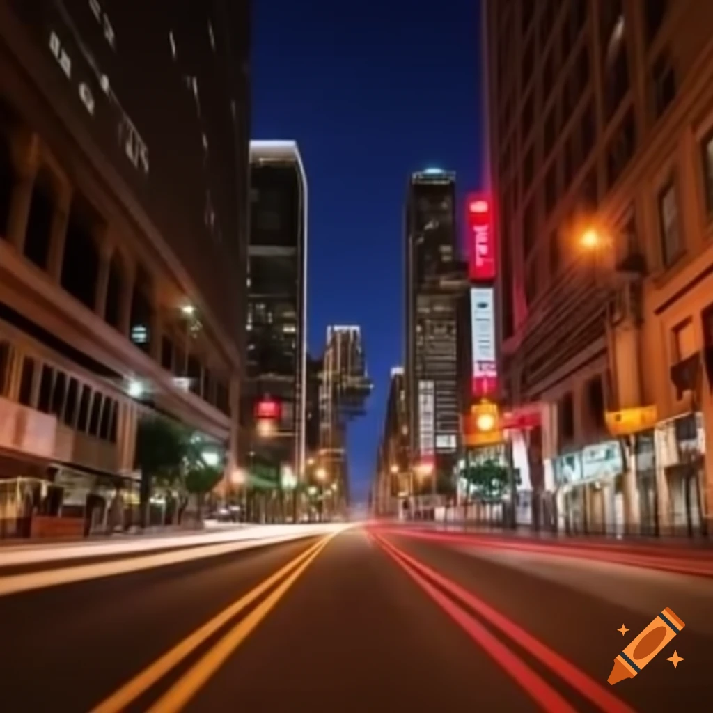 Vibrant downtown Los Angeles street view at night with neon signs