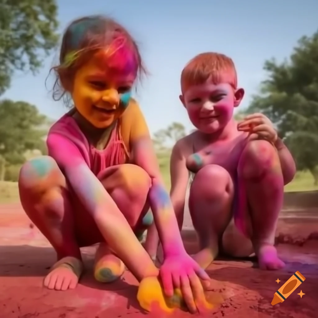 Children celebrating Holi festival with colorful powders