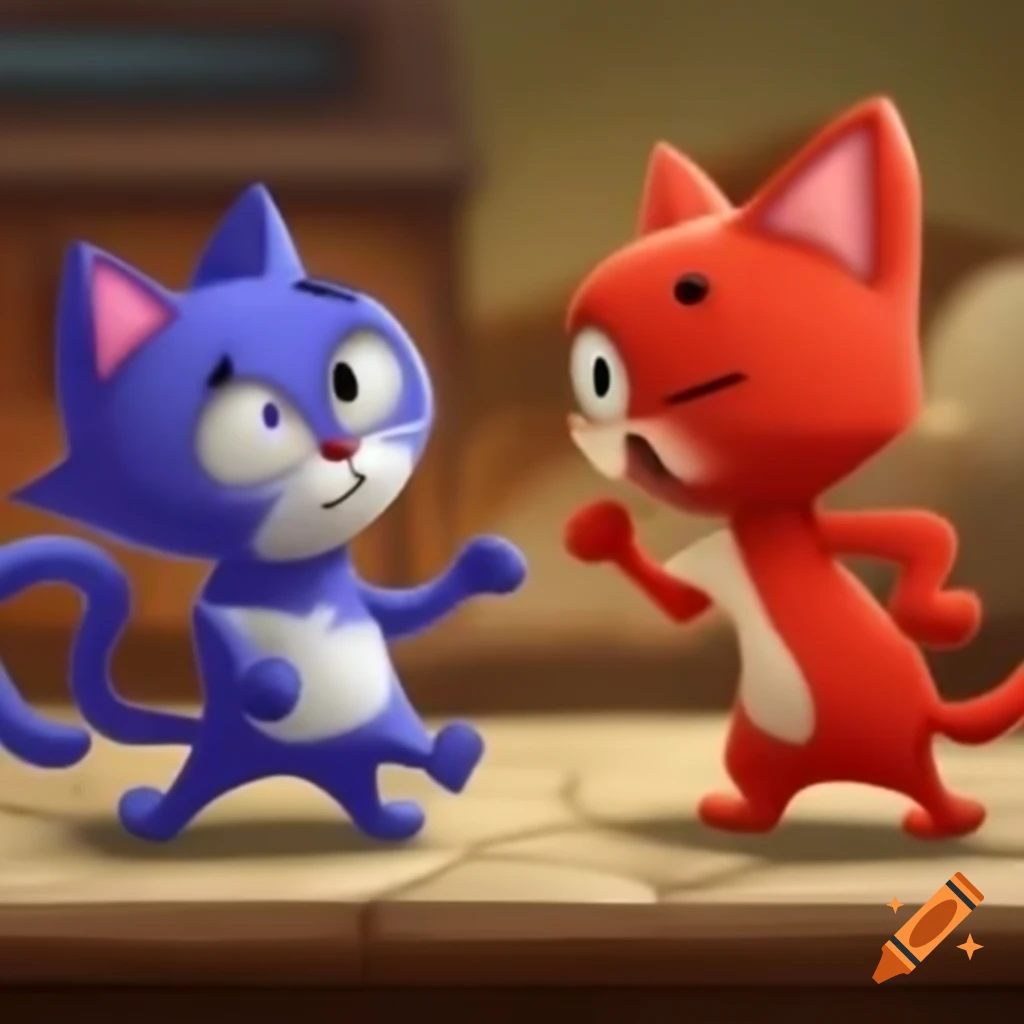 Blue and red cats playfully interacting