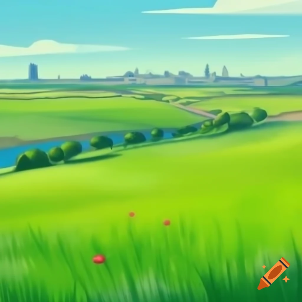 Comic-style illustration of green meadow in foreground with city ...