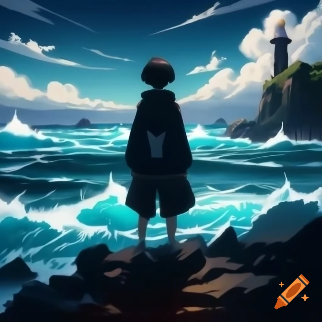 Anime character on rocky shoreline facing turbulent ocean with ...