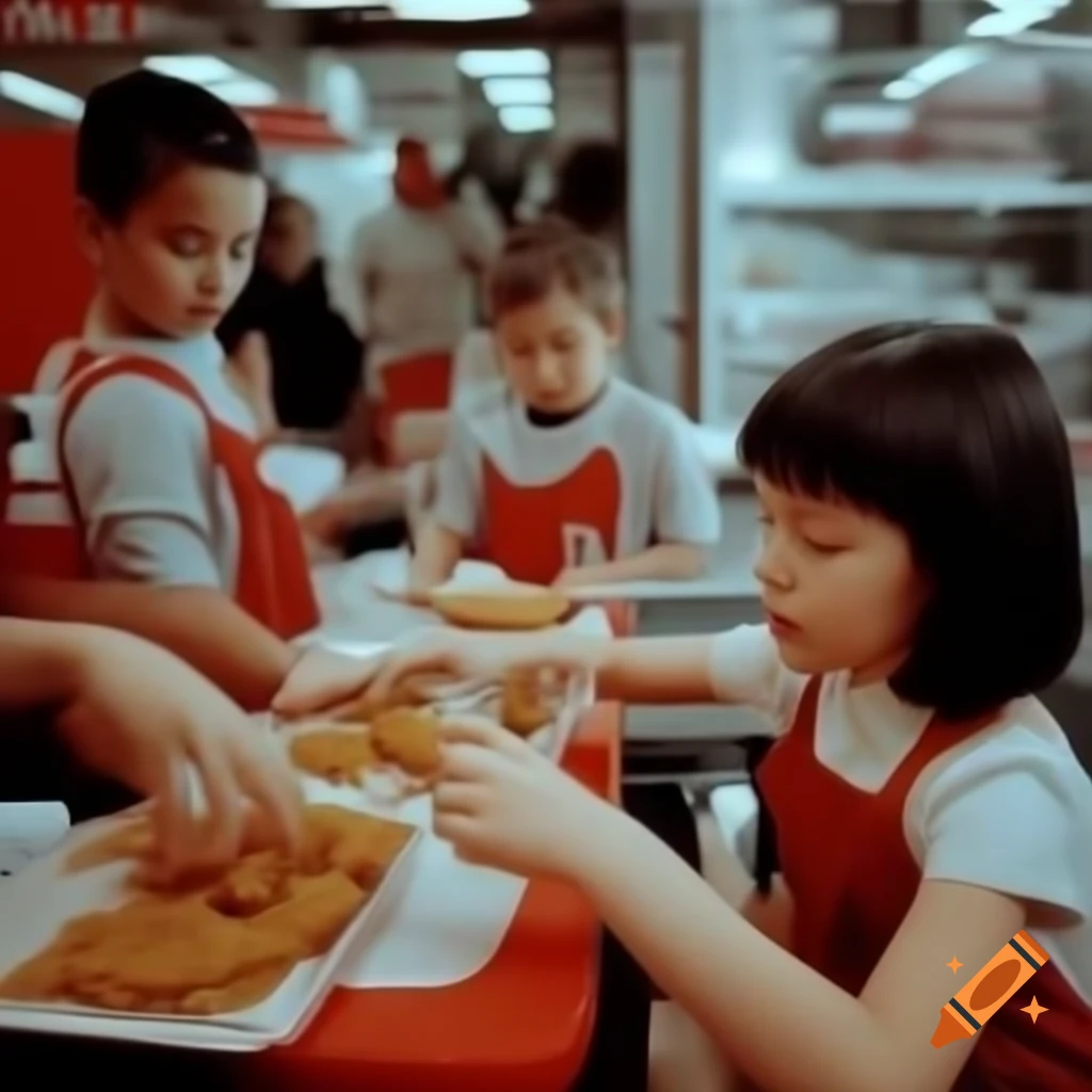 Children preparing chicken nuggets at KFC, vibrant poster design
