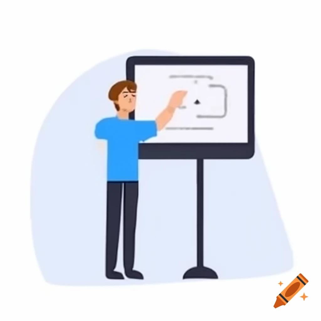 Man with brown hair gesturing towards slides on digital screen during presentation