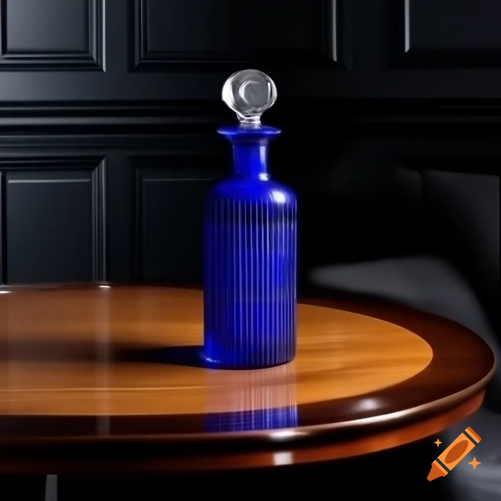 Antique cobalt blue bottle with crystal stopper on polished table against black wall