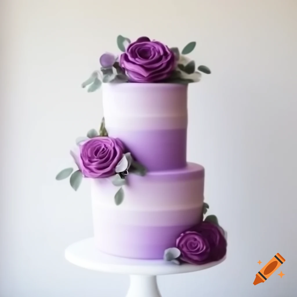 Two-layer purple and white wedding cake with roses, dimensions specified