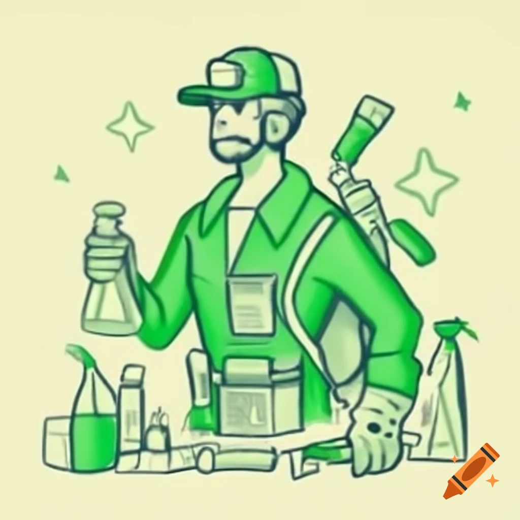 Sketch of green janitor with jade gemstone and cleaning supplies