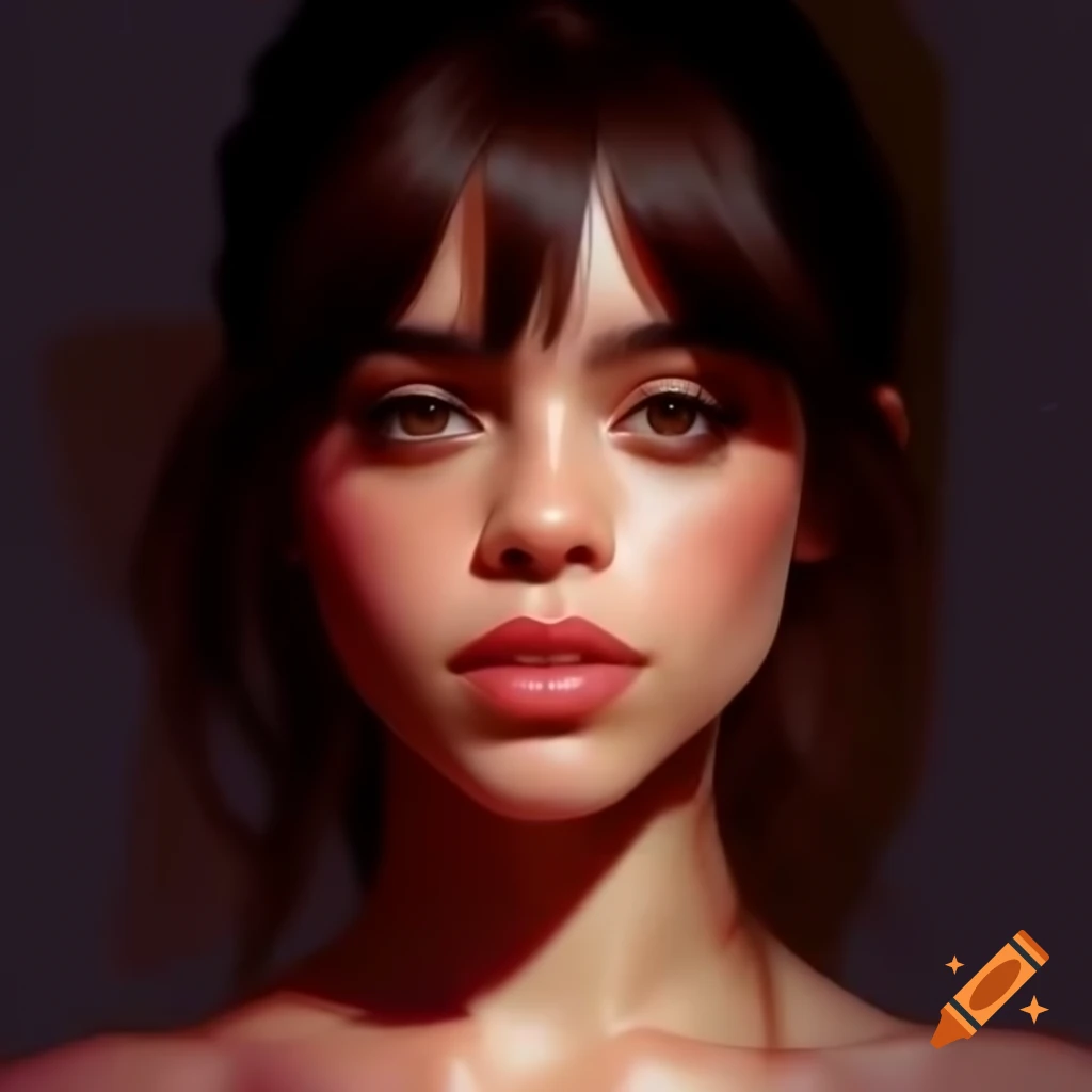 Photorealistic digital artwork resembling actress Jenna Ortega, emphasizing facial details and expression